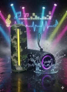 JIAYOU Sonic 7 Bluetooth Speaker with 30W powerful sound, 10-hour battery life, USB-C charging, and compact portable design.”