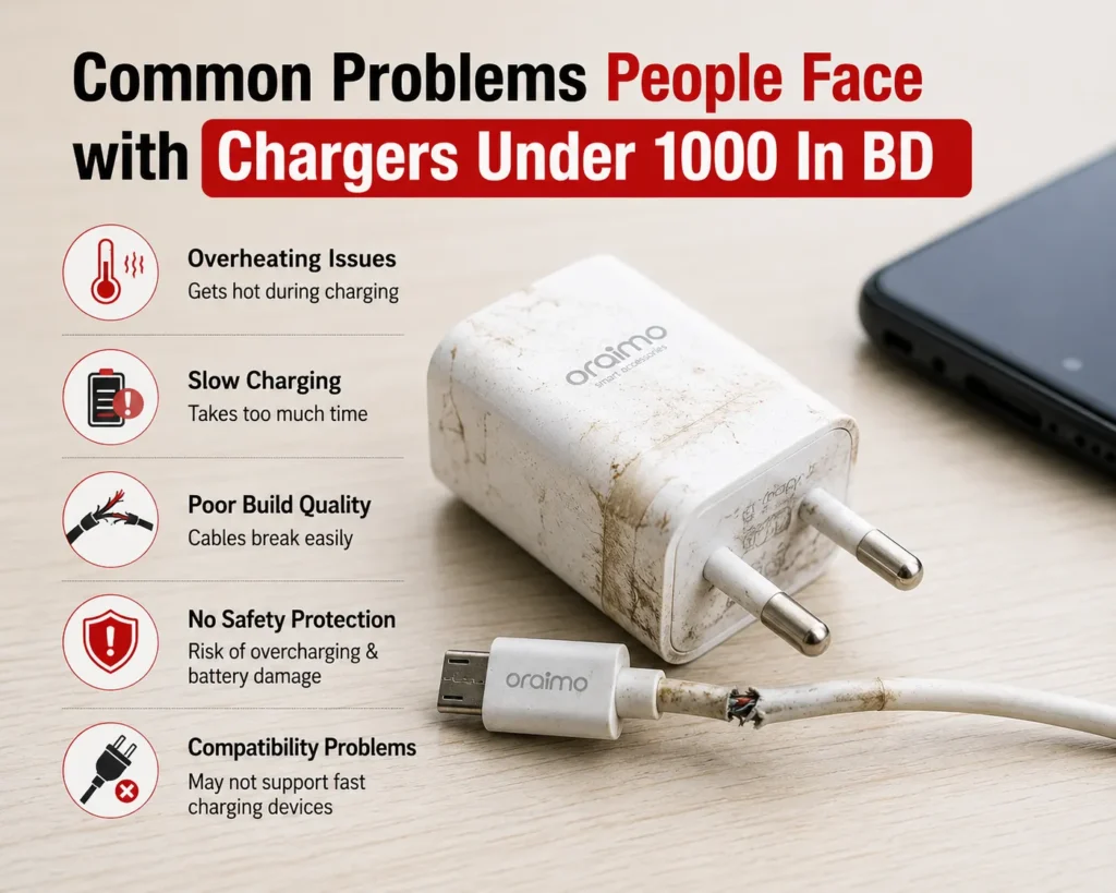 Common problems with chargers under 1000 BD including overheating, slow charging, and cable damage.