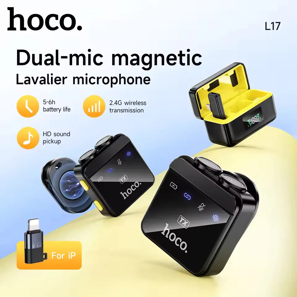 Hoco-L17-Dual-Mic-Microphone-1 Hoco L17 wireless digital microphone dual magnetic lapel microphone (iP/Type-C) - Image 2