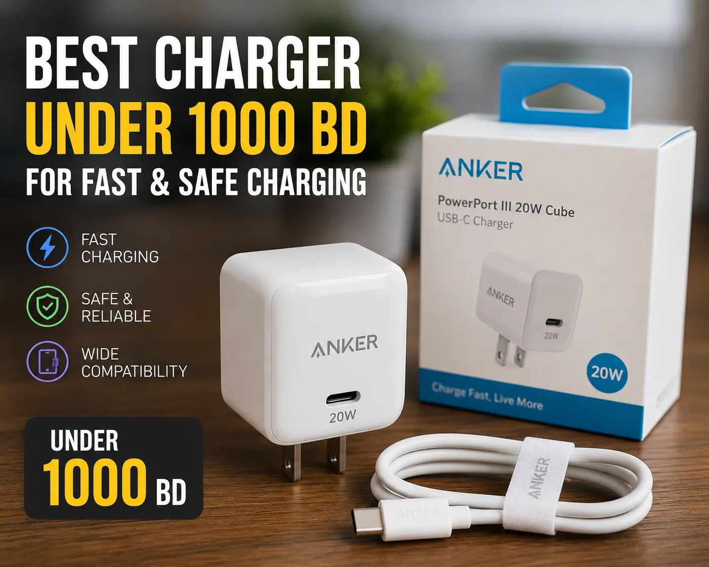 Best charger under 1000 BD with fast and safe charging features for Android and iPhone users.